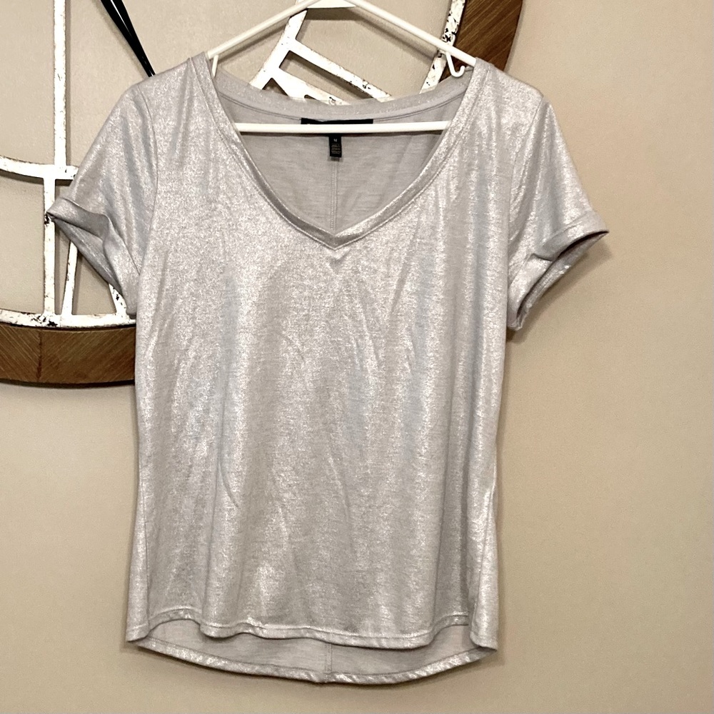 White House black Market Silver metallic, sparkle V neck top/ blouse Med…